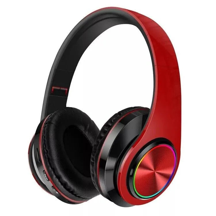 Foldable Wireless Bluetooth Headphones with LED Lights - Red