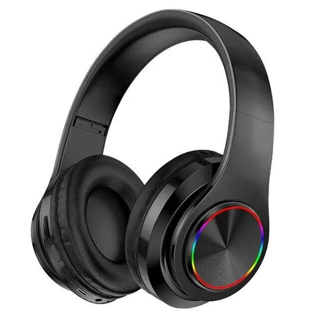 Foldable Wireless Bluetooth Headphones with LED Lights - Black