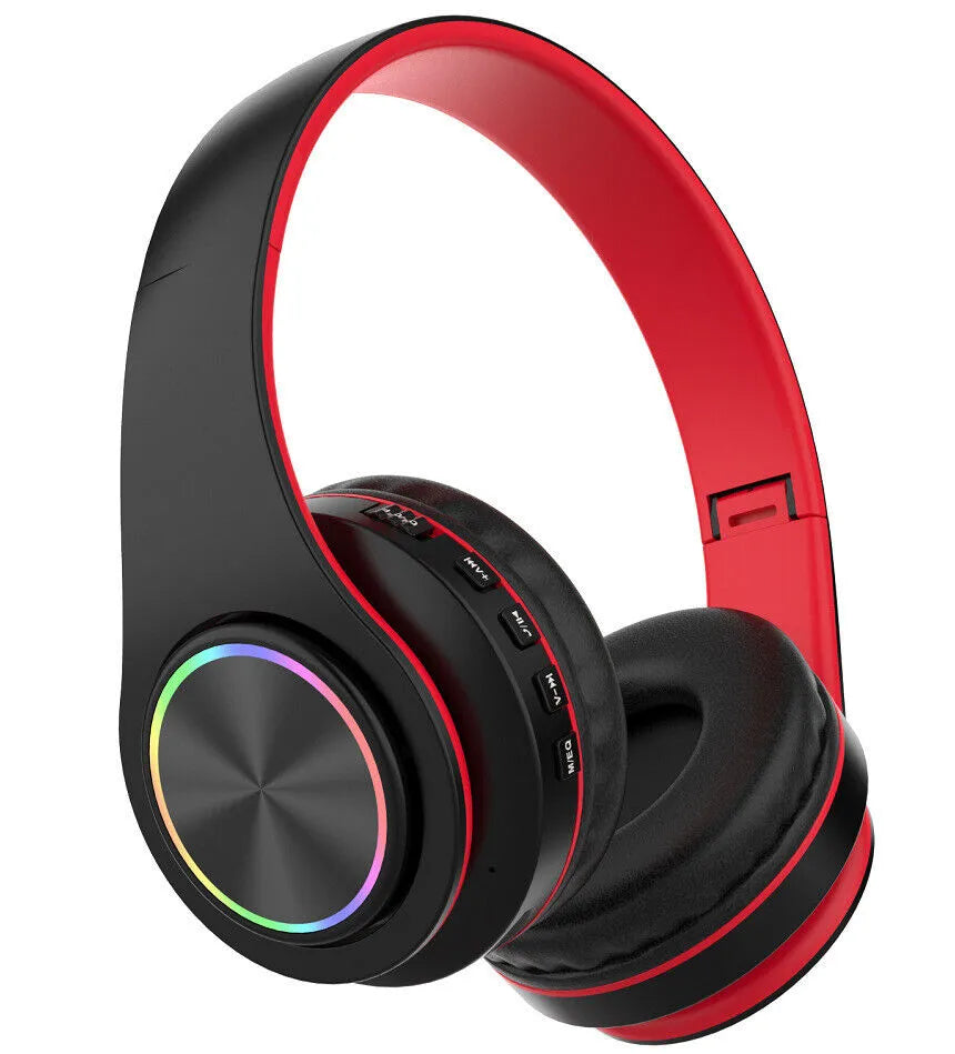 Foldable Wireless Bluetooth Headphones with LED Lights - Black & Red
