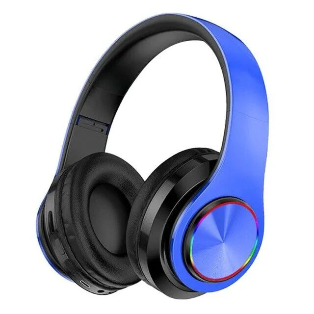 Foldable Wireless Bluetooth Headphones with LED Lights - Blue